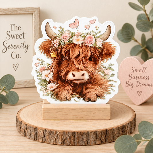 Brown Highland Cow with Flower Stickers, Cozy Handmade Journal and Planner Decor, Cute Vintage Cow Sticker for Water Bottles, Laptops, Gifts