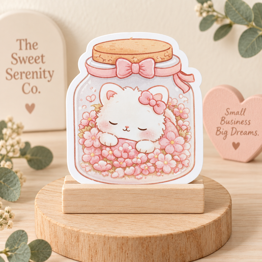 Cute Kitten in a Jar Sticker, Handmade Cozy Sticker, Pink Baby Cat Decor, Whimsical Vintage Style, Planner and Journal Decoration