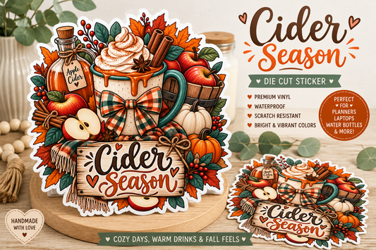Cider Season Die Cut Sticker, Fall Autumn Decor, Cozy Days, Warm Drinks, Bright Colors, Apple & Pumpkin Design, Perfect for Planners