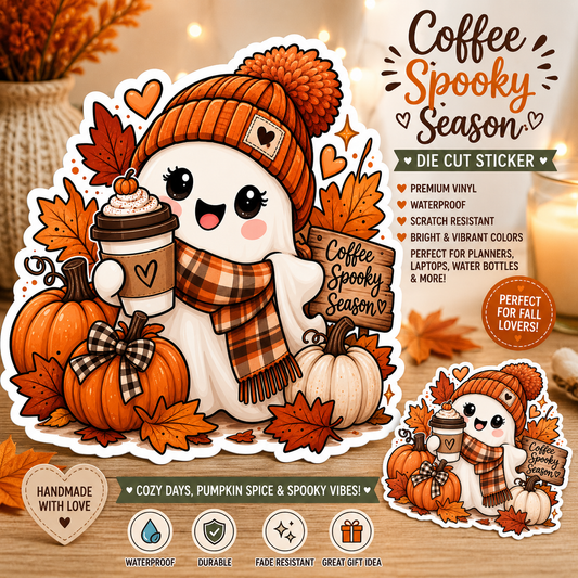 Fall Vibes Sticker, autumn leaves pumpkins, seasonal scrapbook planner decor, fall-themed craft supplies, kawaii fall sticker design