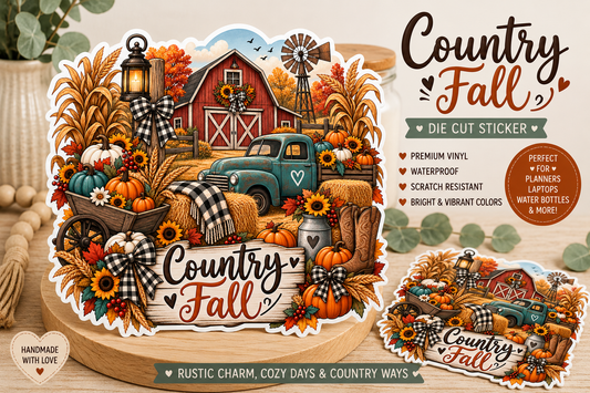 Country Fall die cut sticker | rustic charm, cozy autumn decor, waterproof vinyl, scratch resistant, bright vibrant colors for planners