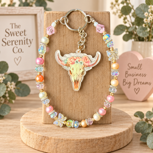 Boho Bull Skull Keychain, Crystal Beaded phone charm, Bohemian Jewelry, Gift for Her, Unique Handmade Accessory, Festival, Rustic keychain