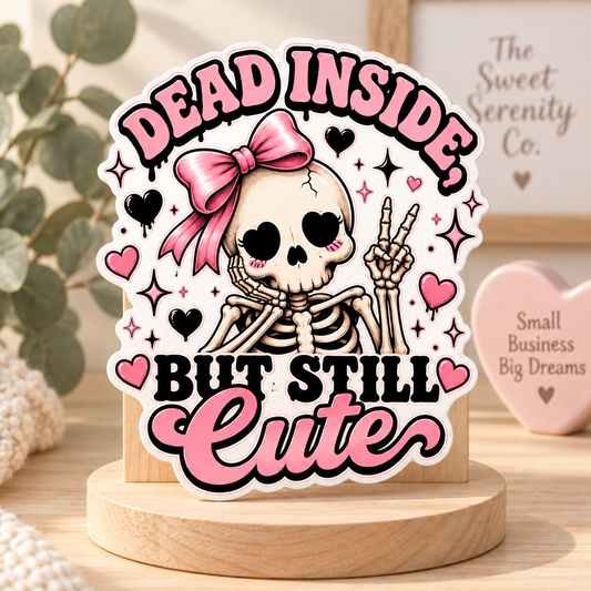Dead Inside But Still Cute Skeleton Sticker, Pink Bow Coquette Halloween Sticker, Funny Spooky Sticker