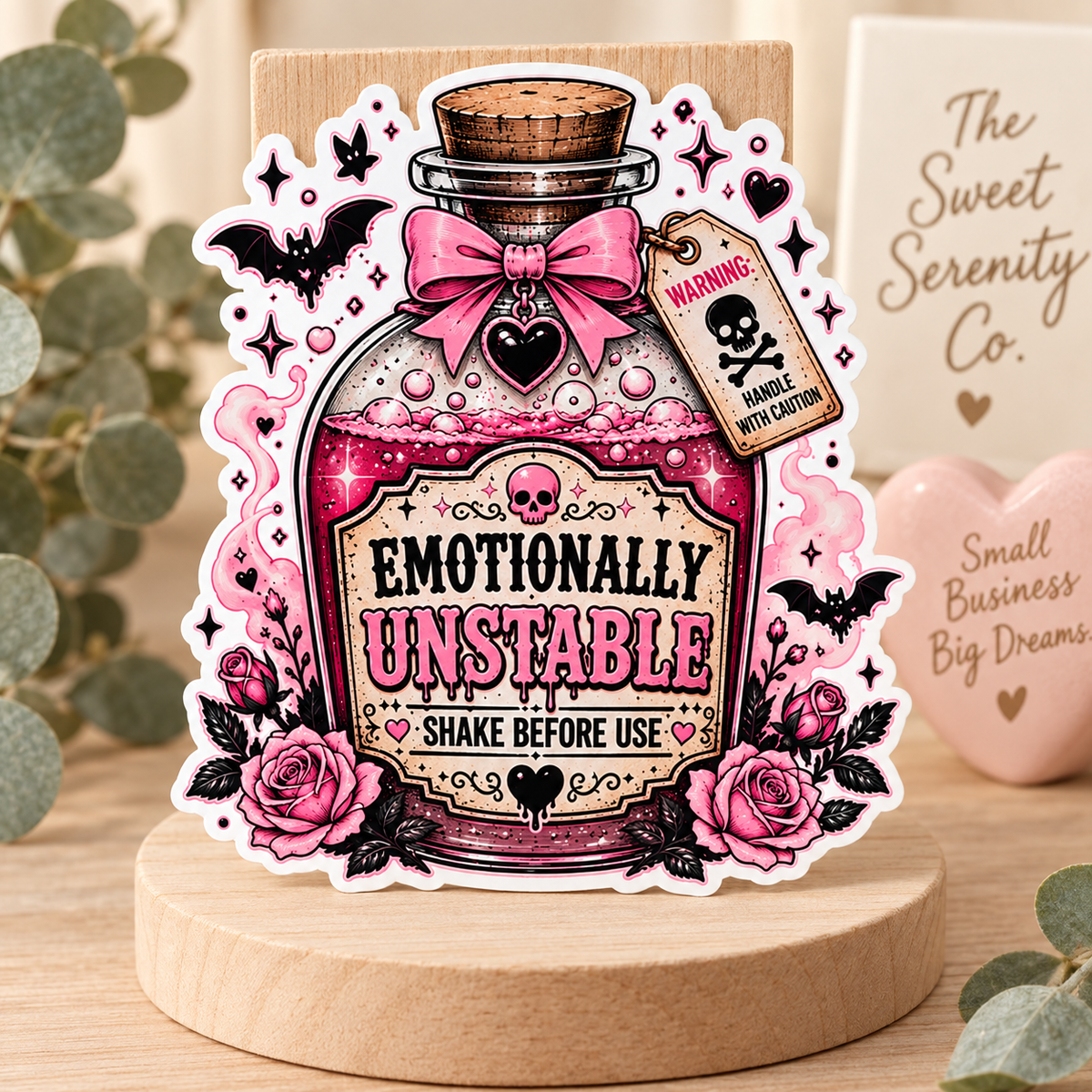 Emotionally Unstable Potion Bottle Sticker, Pink Coquette Halloween Sticker, Funny Spooky Bow and Roses Design