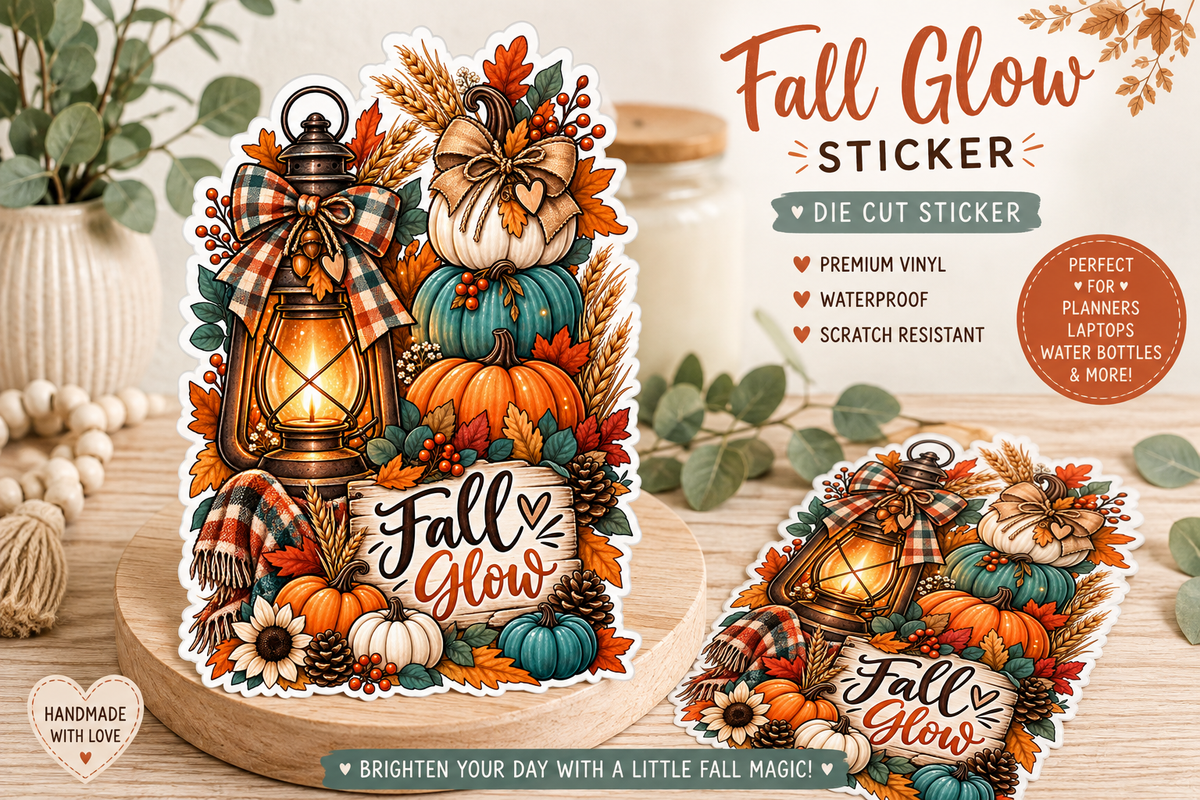 Fall Glow Sticker | Autumn Pumpkin & Lantern Design | Waterproof, Scratch-Resistant Vinyl for Planners, Scrapbooks