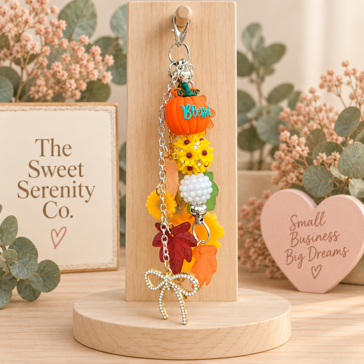Fall Leaves and Sunflower Keychain with Pumpkin and Bow Charm, Autumn Gift, Harvest Decor, Fall Accessories, Handmade Keyring
