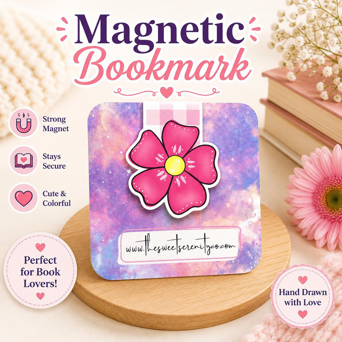 Flower Magnetic Bookmark, Handmade Hand-Drawn Bookmarks, Cute Book Lover Gift, Stationery, Bookish, Magnetic Bookmarks for Readers