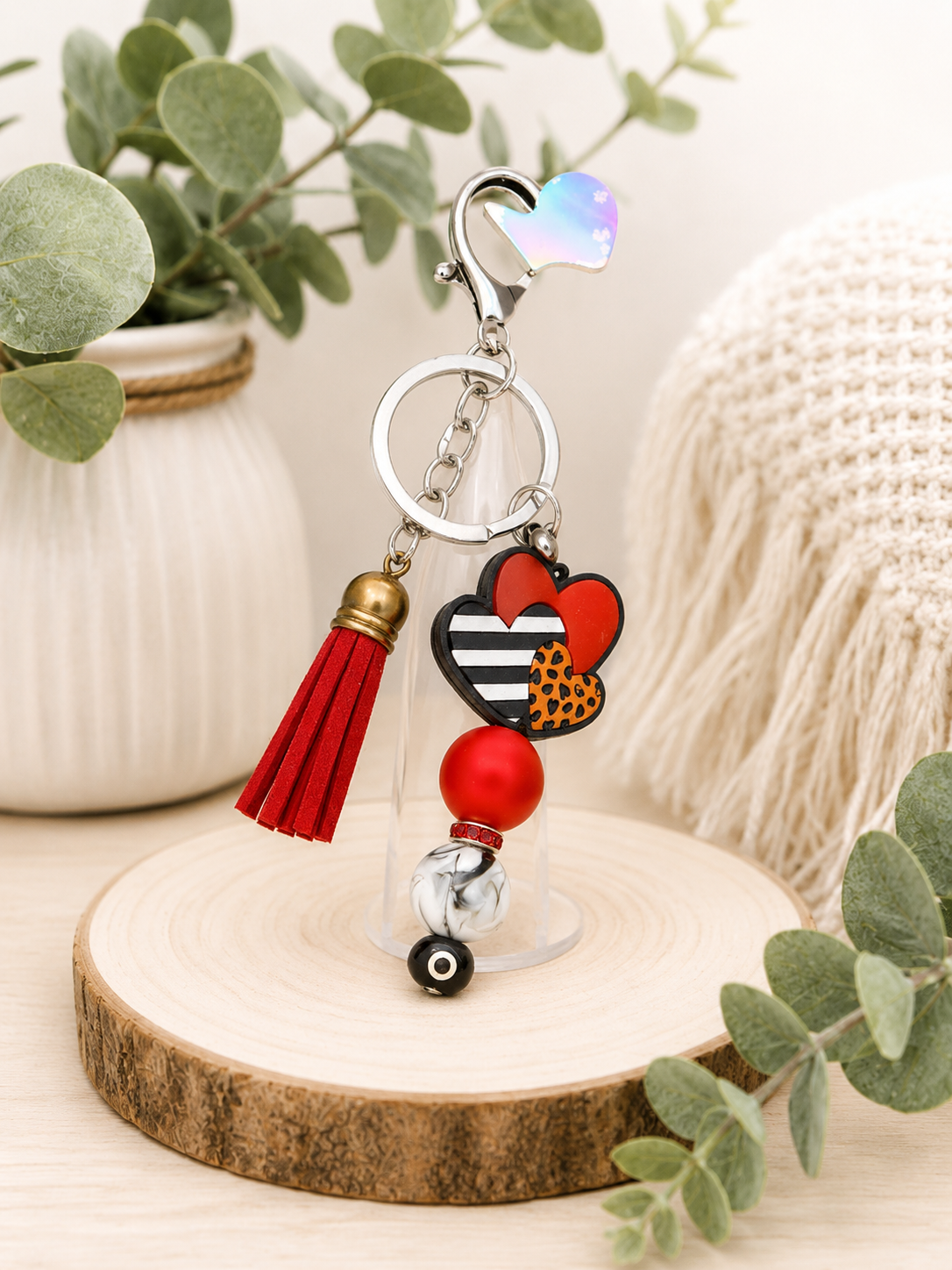 Red Heart Keychain with Tassel, Unique Handmade Gift for Keys, Bags, Backpack, Stylish Small Business Accessory