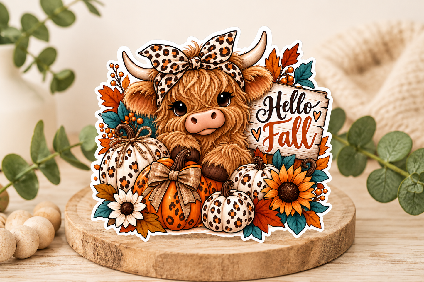 Highland Cow Sticker, autumn leaves pumpkins, seasonal scrapbook planner decor, fall-themed craft supplies, kawaii fall sticker design