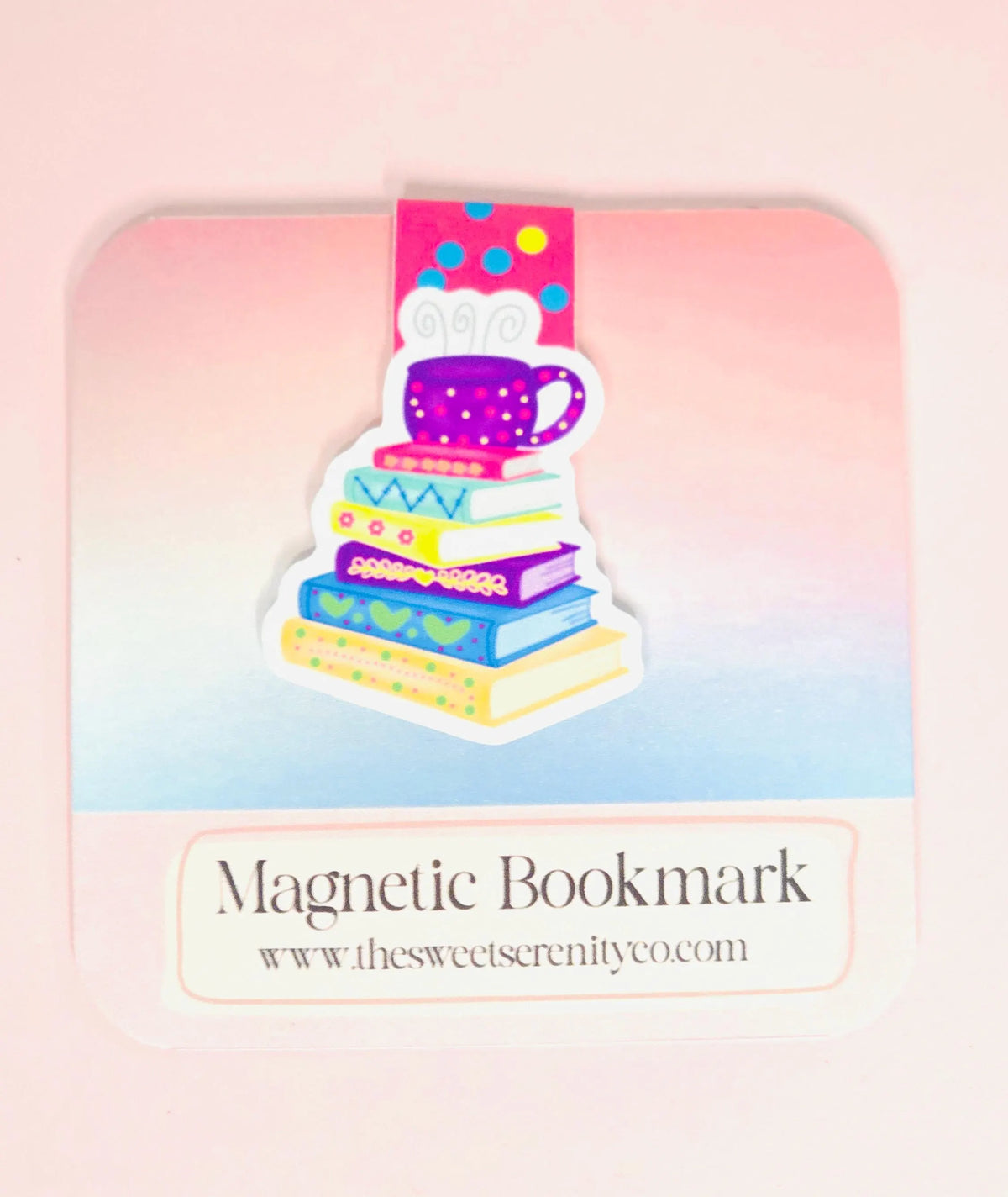 Handmade Magnetic Bookmark with Stack of Books and Cup of Tea Illustration, Cute Bookish Stationery, Cozy Gift for Readers