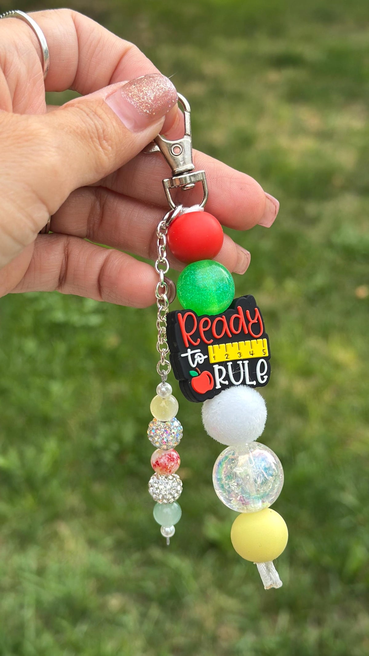 Teacher Keychain, Handmade Beaded Keyring for Teachers, Black & White Beaded Bag Charm, Teacher Appreciation Gift, Phone Charm