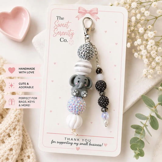 Elephant Beaded Keychain, Handmade Beaded Bag Charm & Phone Charm, Black and White, Beaded Phone Charm
