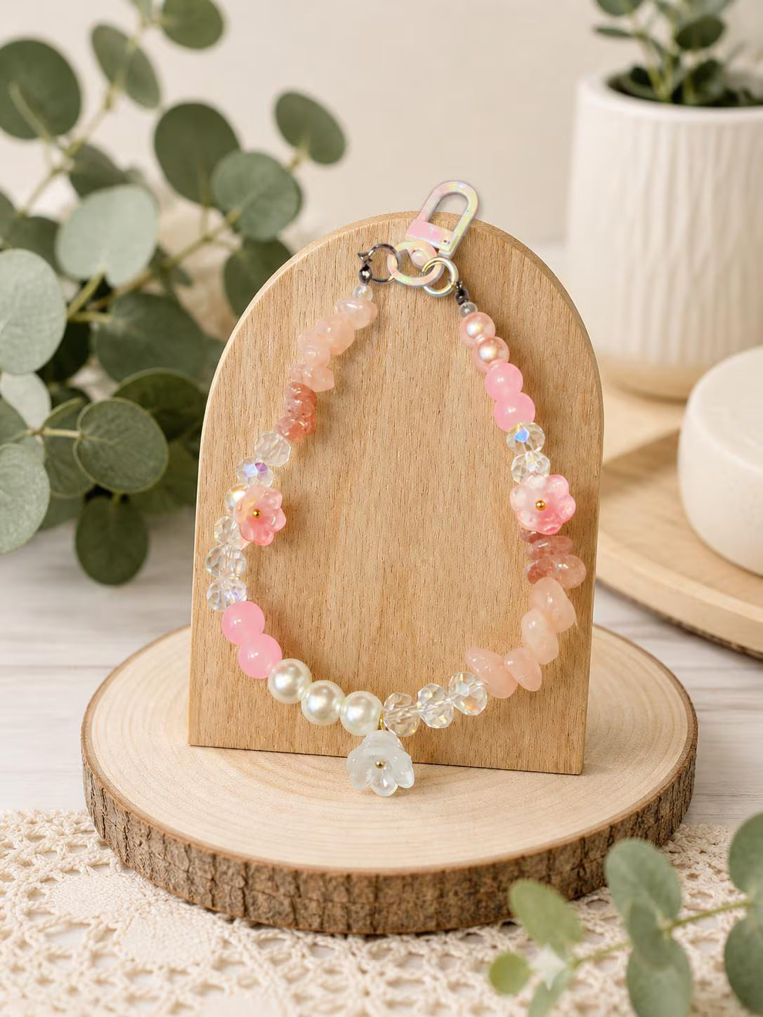 Rose Quartz Phone Charm Keychain, Beaded Jewelry, Gift for Her, Boho Accessories, Crystal Pendant, Handmade