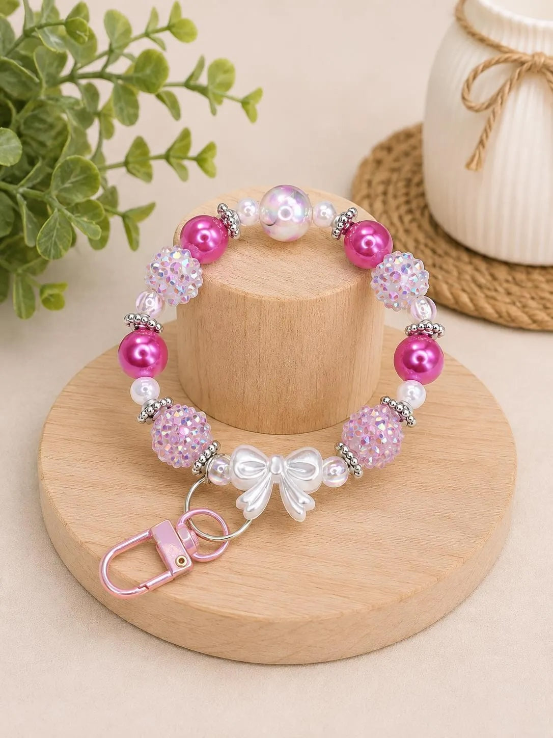 Pink Phone Charm, Handmade Beaded Keychain, Cute Accessories for Phones, Bags, Keys, Soft Color Jewelry