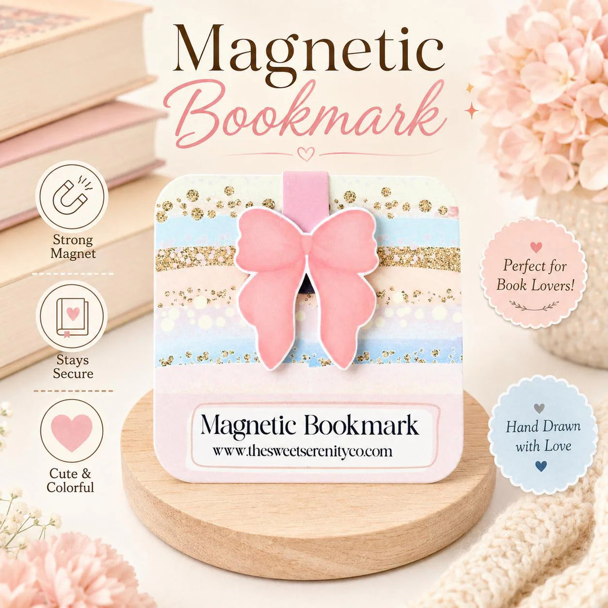 Magnetic Bookmark, Handmade Hand-Drawn Bookmarks with Cute Pink Bow, Bookish Stationery, Book Lover Gift, Magnetic Bookmarks for Readers