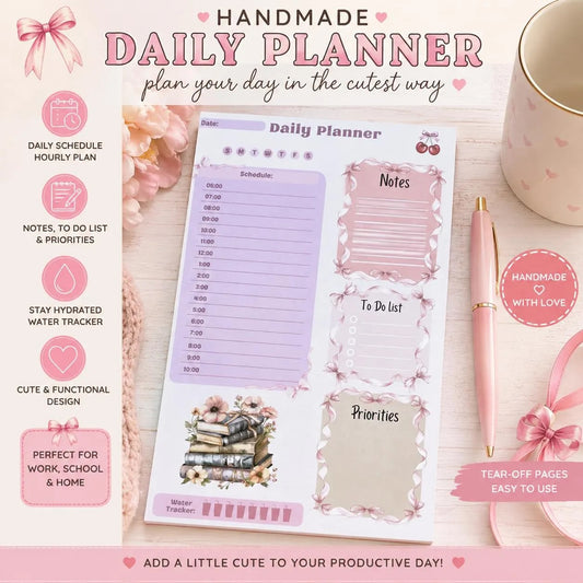 Coquette Daily Planner Notepad, Pink Bow Planner, Cute Daily Schedule Pad, To Do List Planner, Girly Desk Notepad, Productivity Planner