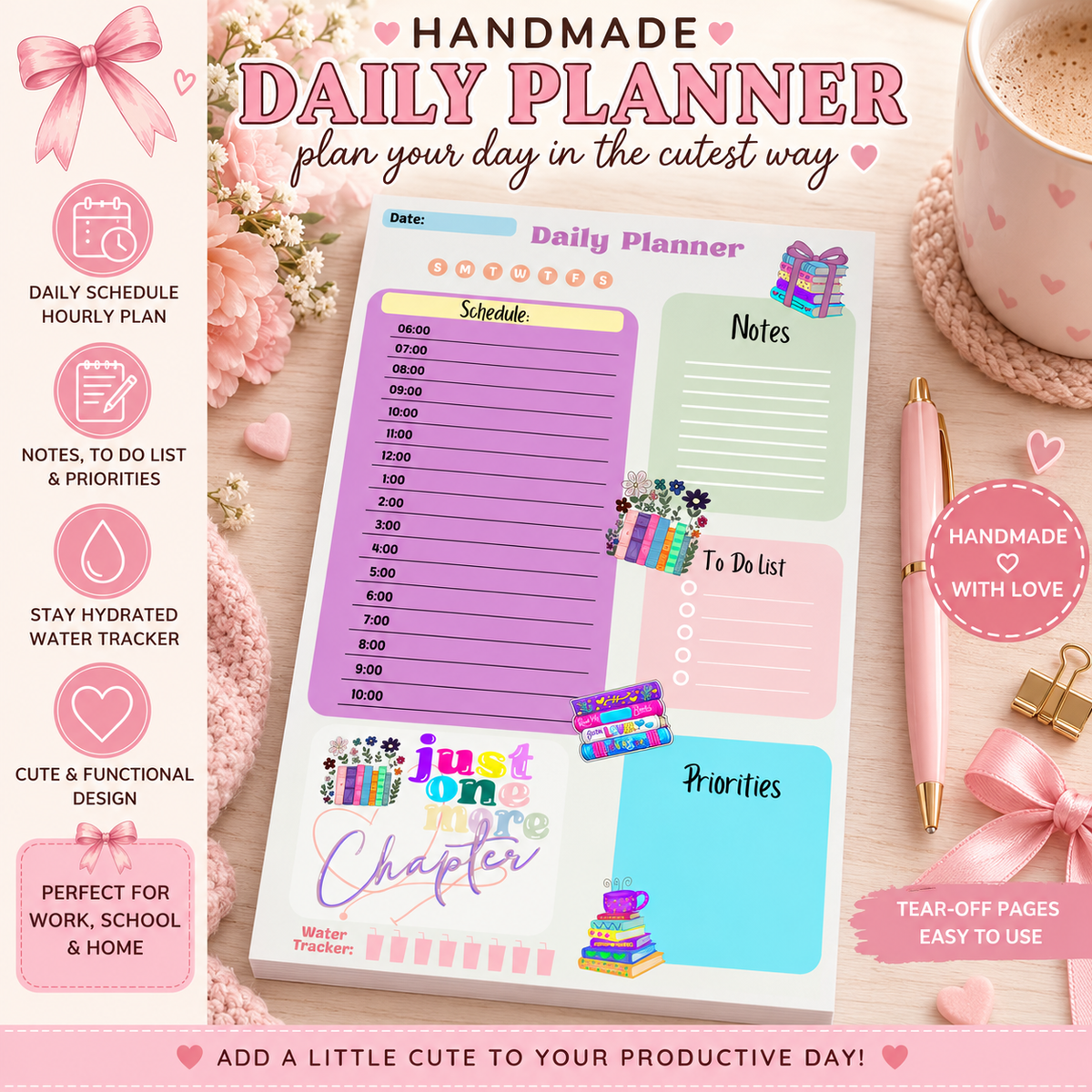 Bookish Daily Planner Notepad, Reading Planner, Cute Book Lover Stationery, Daily Schedule Pad, To Do List Notepad, Gift for Reader
