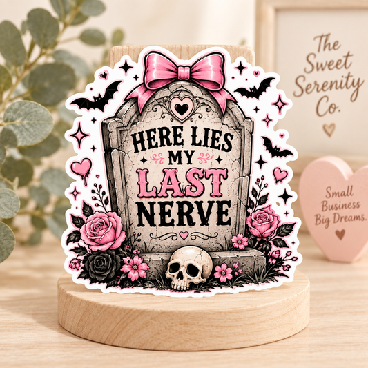 Here Lies My Last Nerve Sticker, Funny Halloween Tombstone, Pink Bow Coquette Goth Sticker
