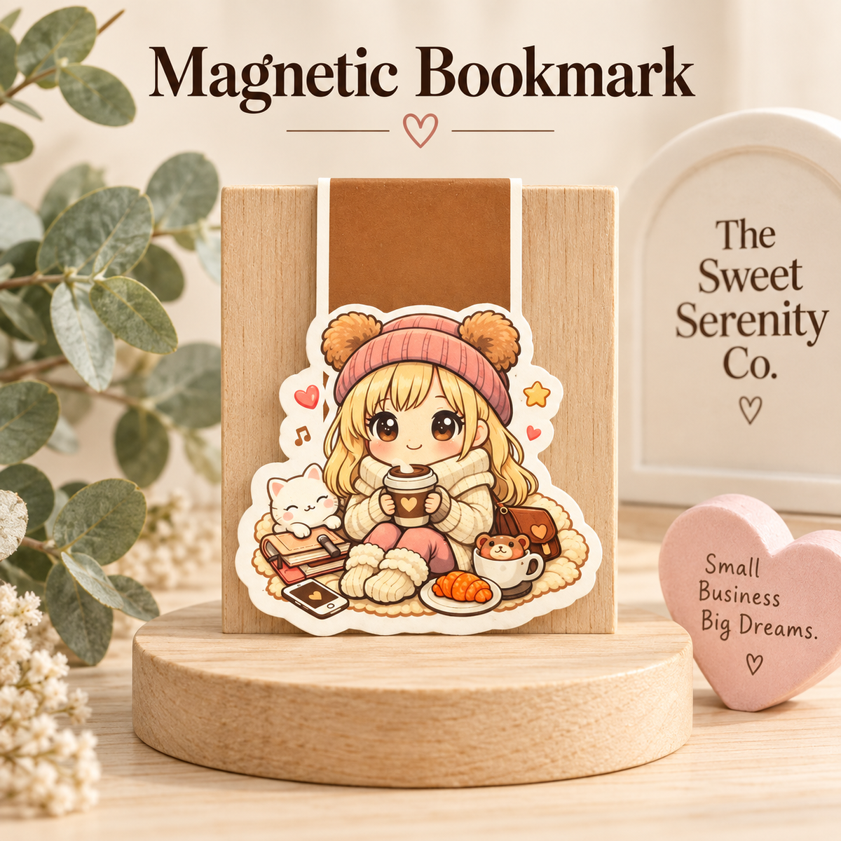 Hand-Drawn Girl & Coffee Magnetic Bookmark, Cute Book Lover Gift, Handmade Stationery, Bookish Accessories, Cozy Reading Gift for Bookworms