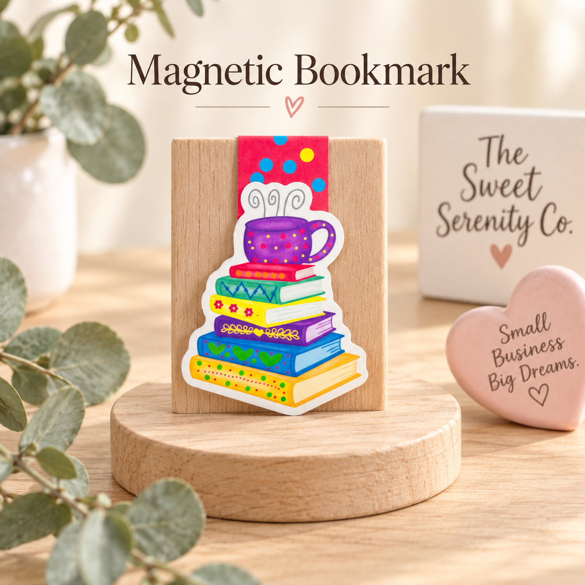 Handmade Magnetic Bookmark with Stack of Books and Cup of Tea Illustration, Cute Bookish Stationery, Cozy Gift for Readers