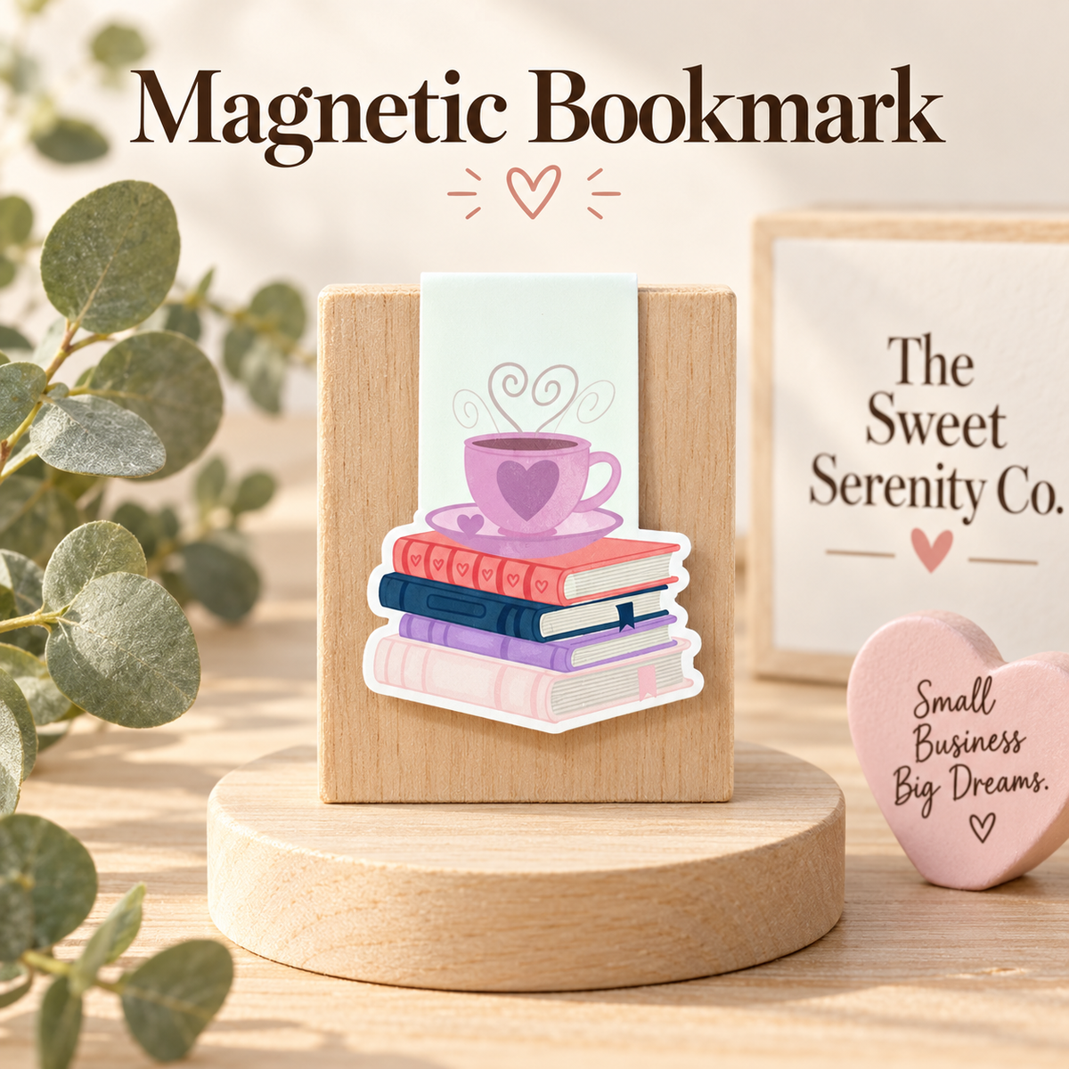 Pink book stack with coffee cup magnetic bookmark, handmade and hand-drawn bookish stationery, cute gift for readers, magnetic book mark