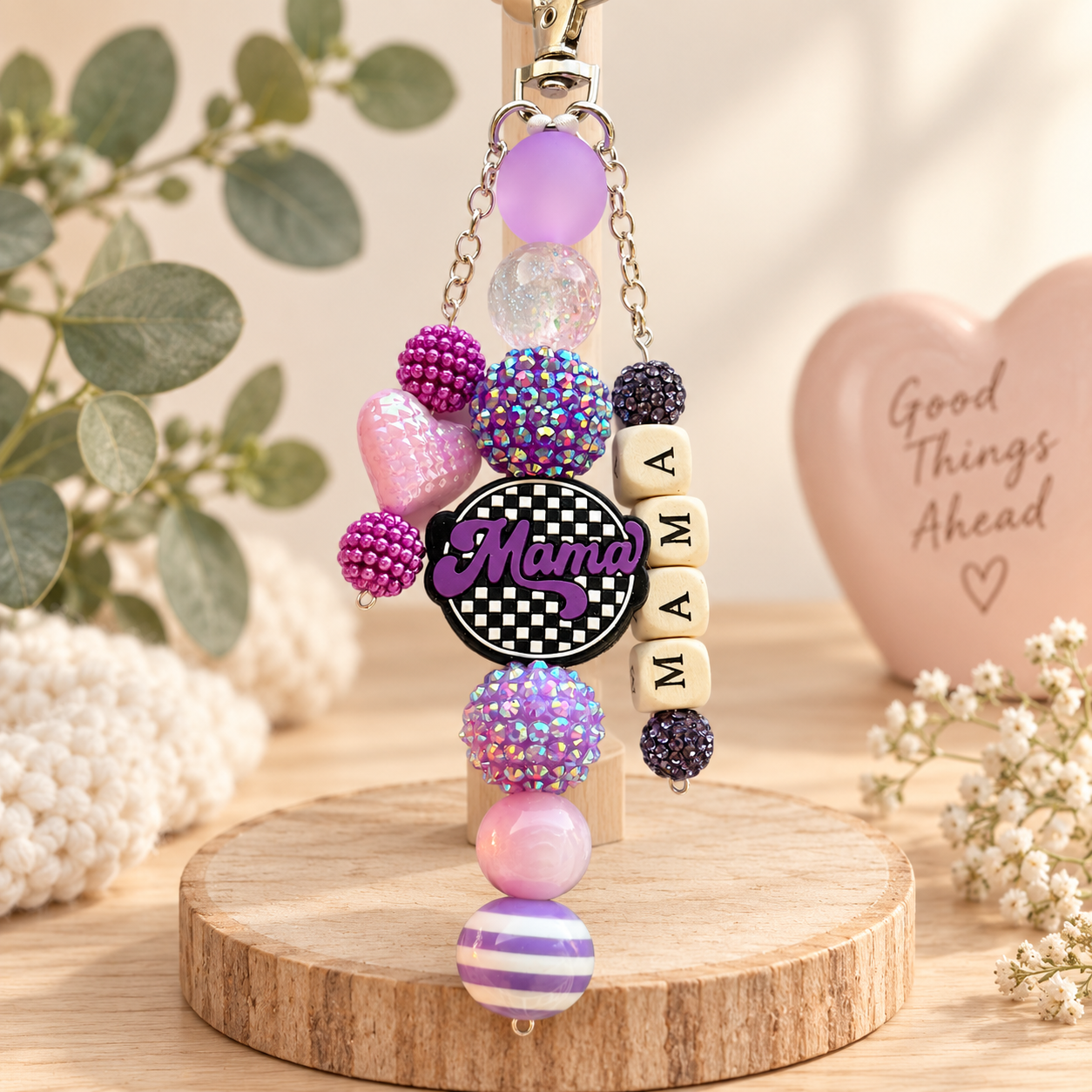 Purple Mama Beaded Keychain, Bag Charm, Phone Charm, Monochrome Vibrant Accents