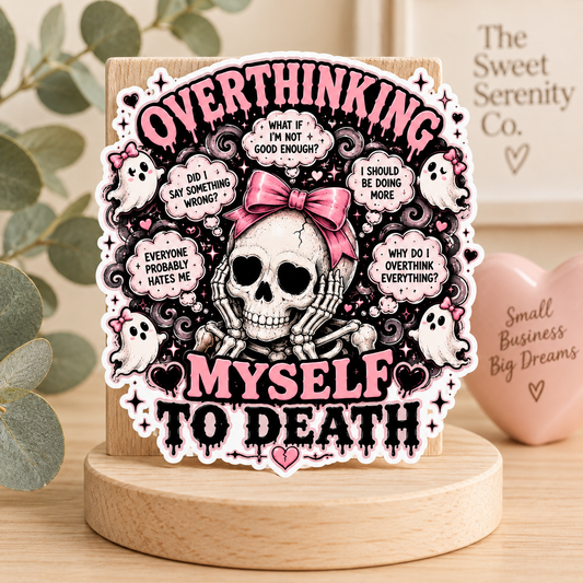 Overthinking Myself to Death Skeleton Sticker, Pink Bow Ghost Halloween Sticker, Coquette Mental Health Design
