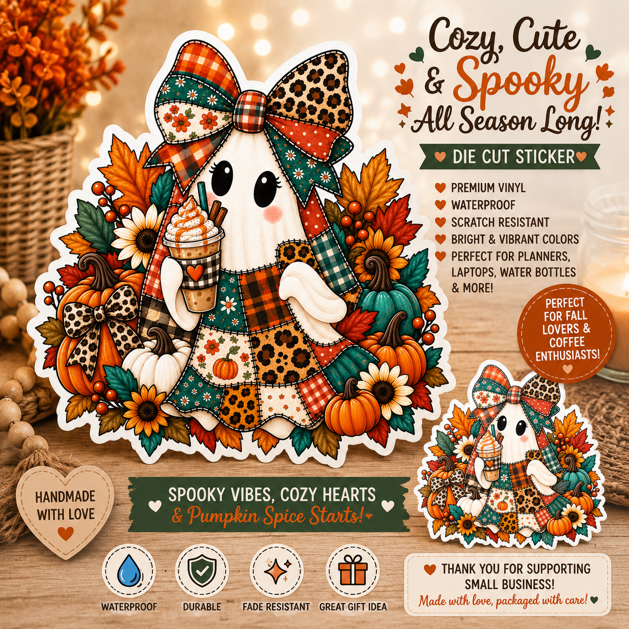 Cute Ghost Sticker, Fall Halloween Vinyl Sticker, Pumpkin Spice Ghost, Cozy Spooky Sticker, Autumn Die Cut Sticker, Fall Lover Gift