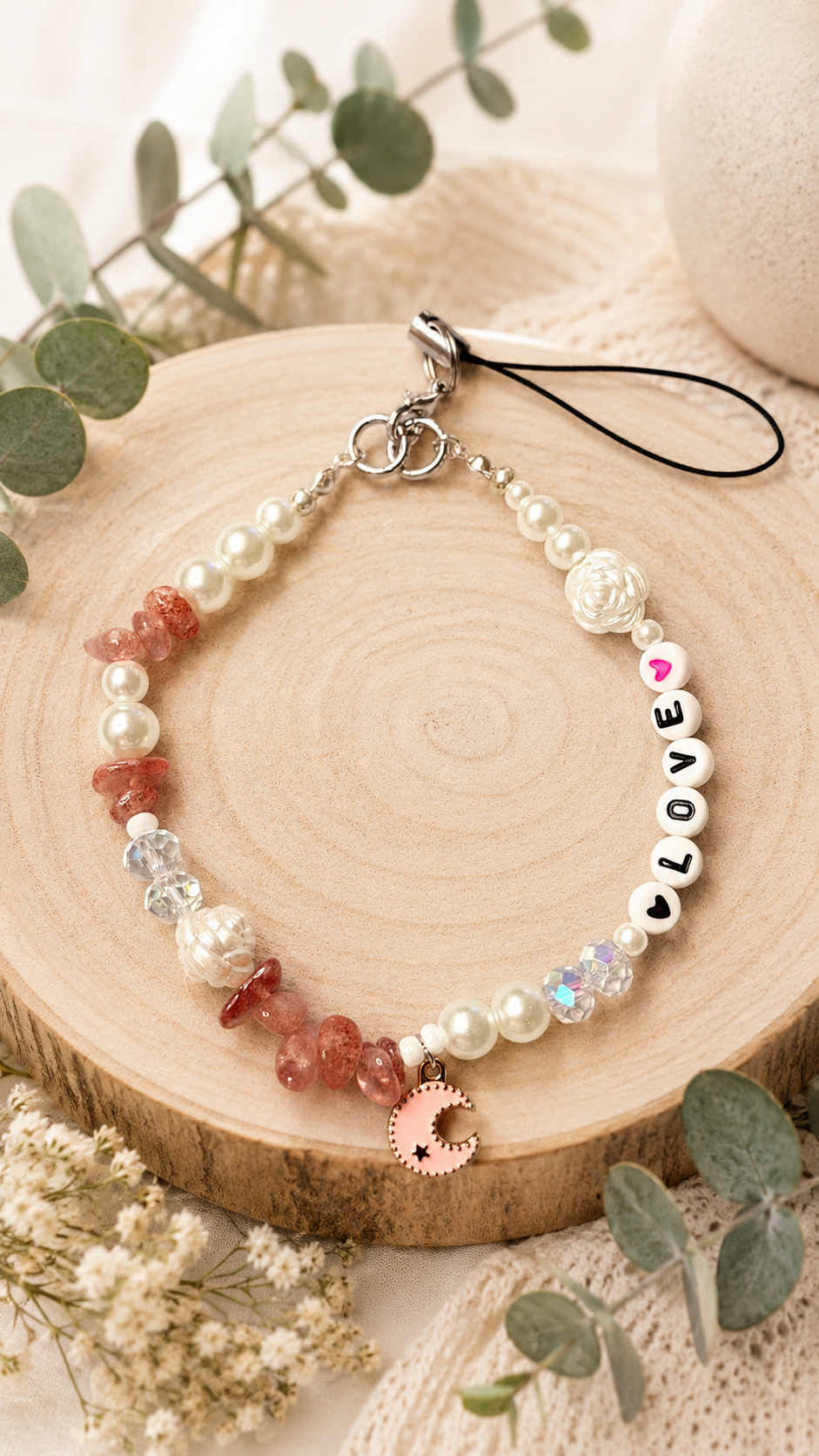 Personalized Phone Charm Keychain with Beaded Accent, Custom Color Options, Natural-Style Stone / Chip Beads, Unique Gift for Her