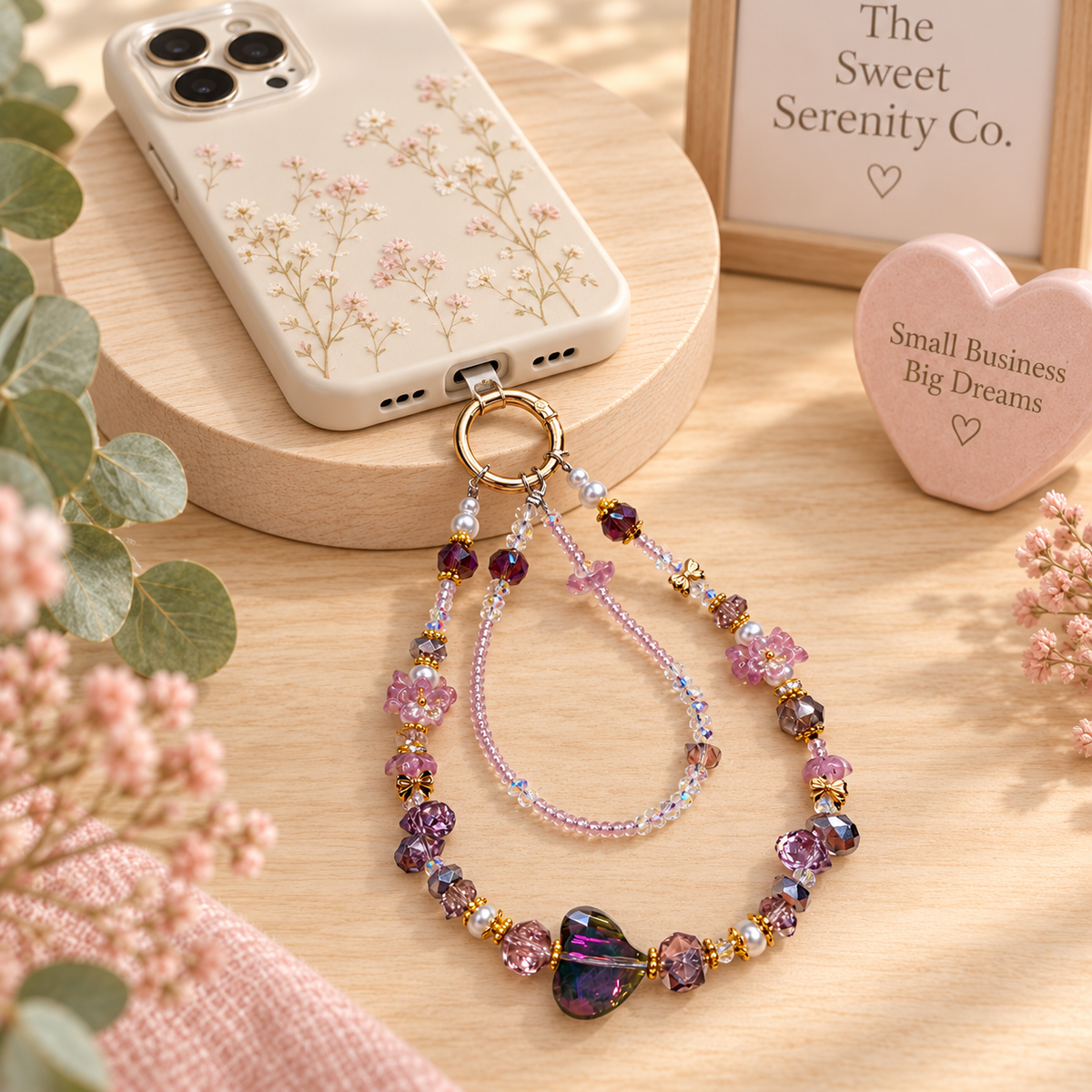 Purple flower phone charm with beaded butterfly and gemstone accents, jewelry accessory for phone, cute gift for women and girls