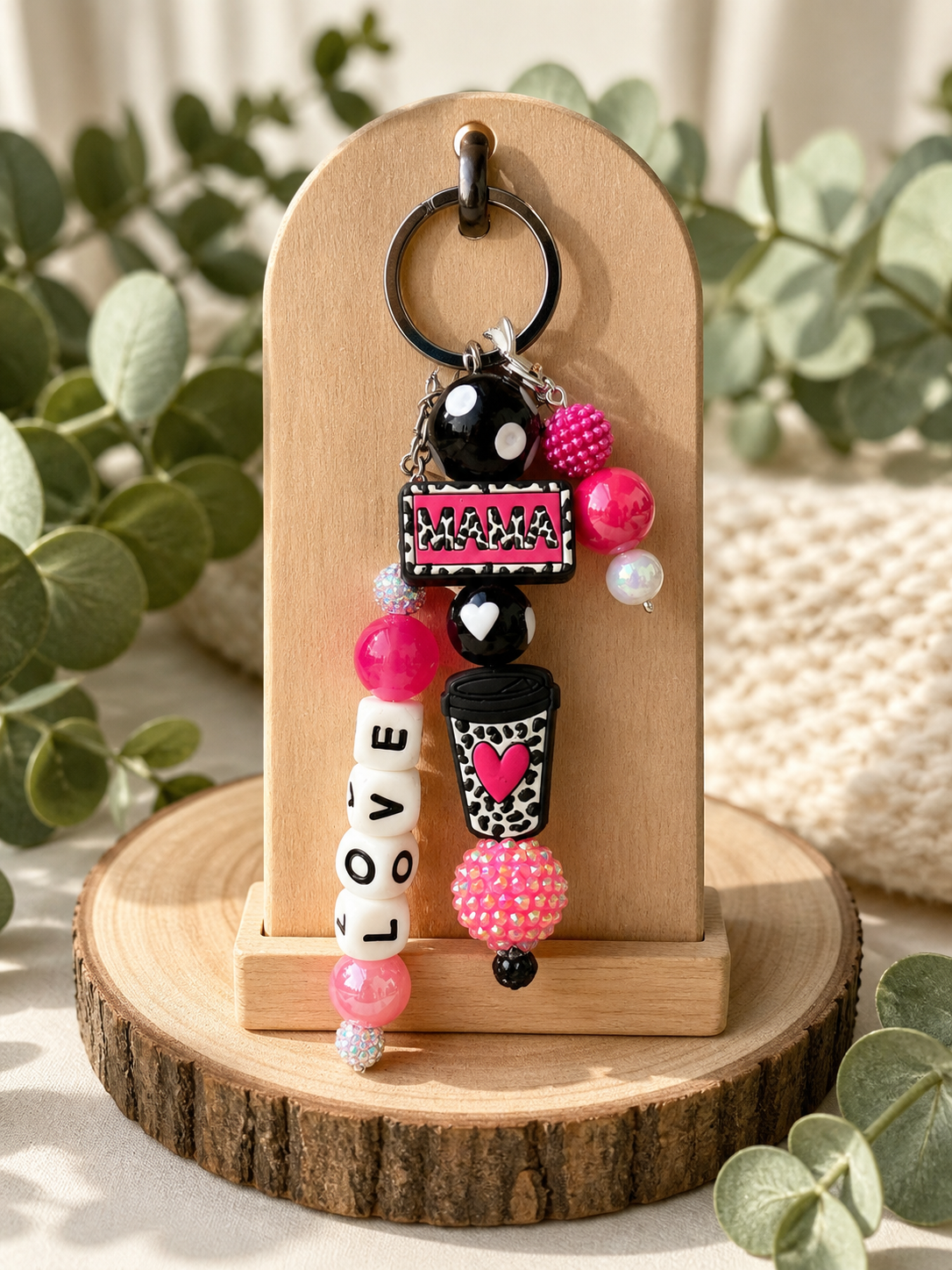 Cute DIY Love Heart Beaded Keychain | Pink Black White Accessories for Women & Girls | Gift Idea and Bag Charm