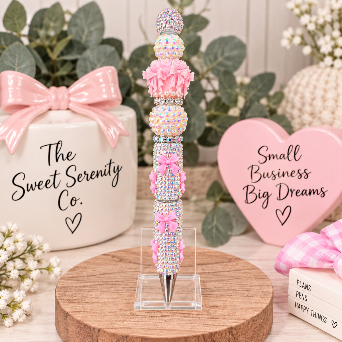 Pink & Silver Bow Beaded Pen - Beautiful Handmade Stationery Gift