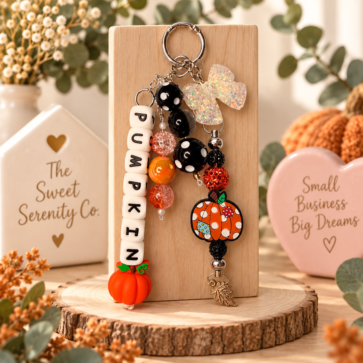 Fall pumpkin keychain with Beaded Charm, Handmade Acrylic Bag Charm, Custom Phone & Keychain, Holiday Gift