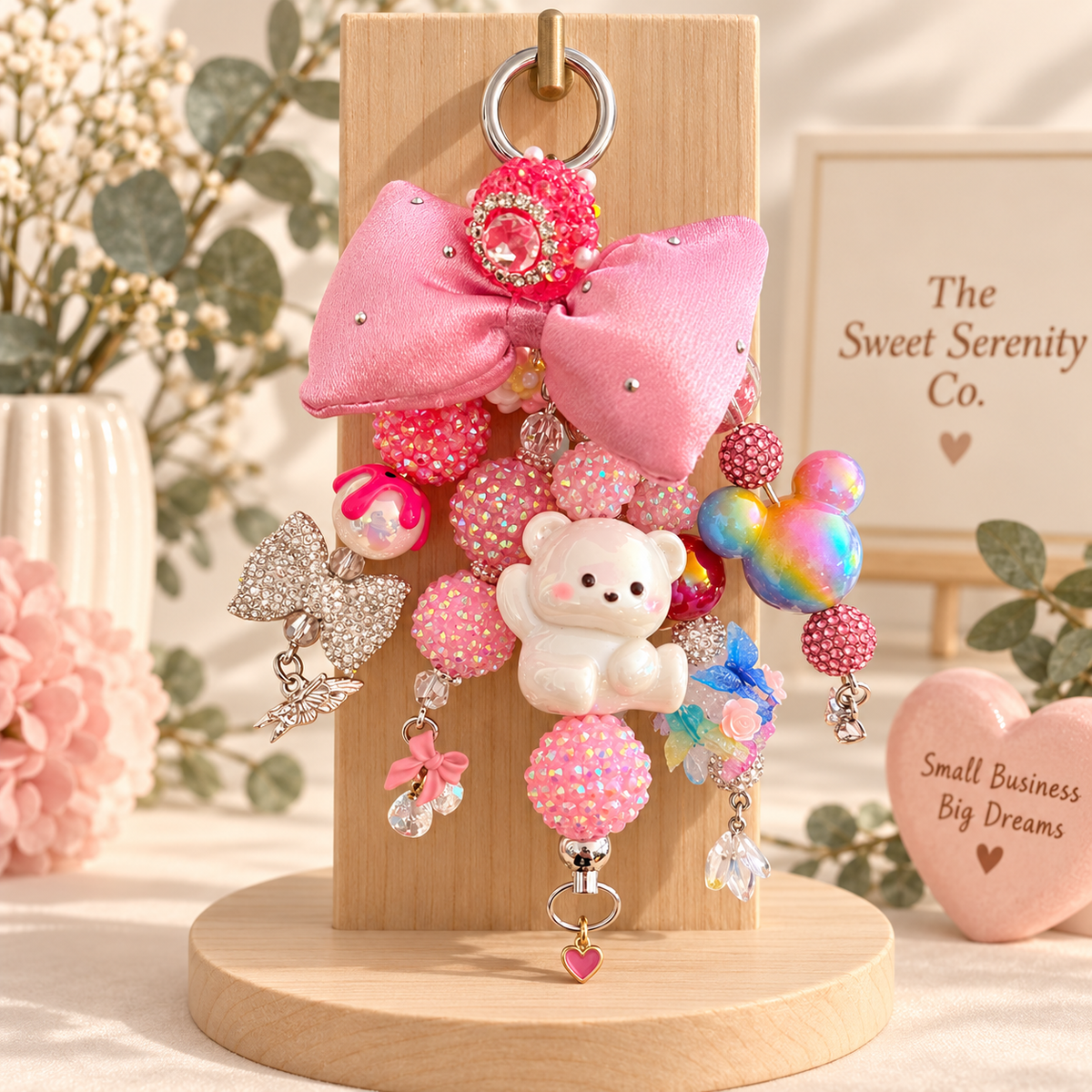 Pink bow keychain with white bear charm, cute accessories for handbags, kawaii charm, adorable bag charm