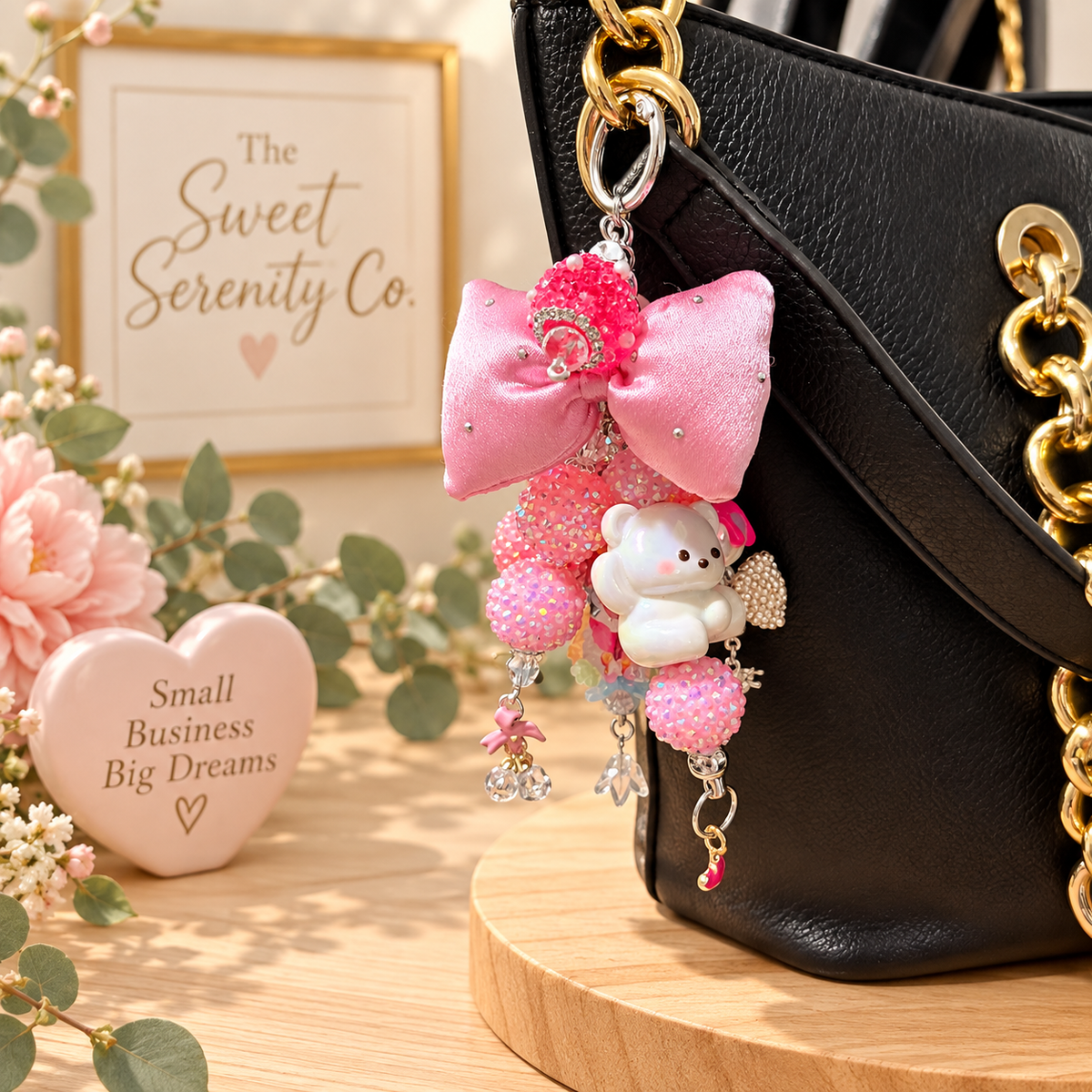 Pink bow keychain with white bear charm, cute accessories for handbags, kawaii charm, adorable bag charm