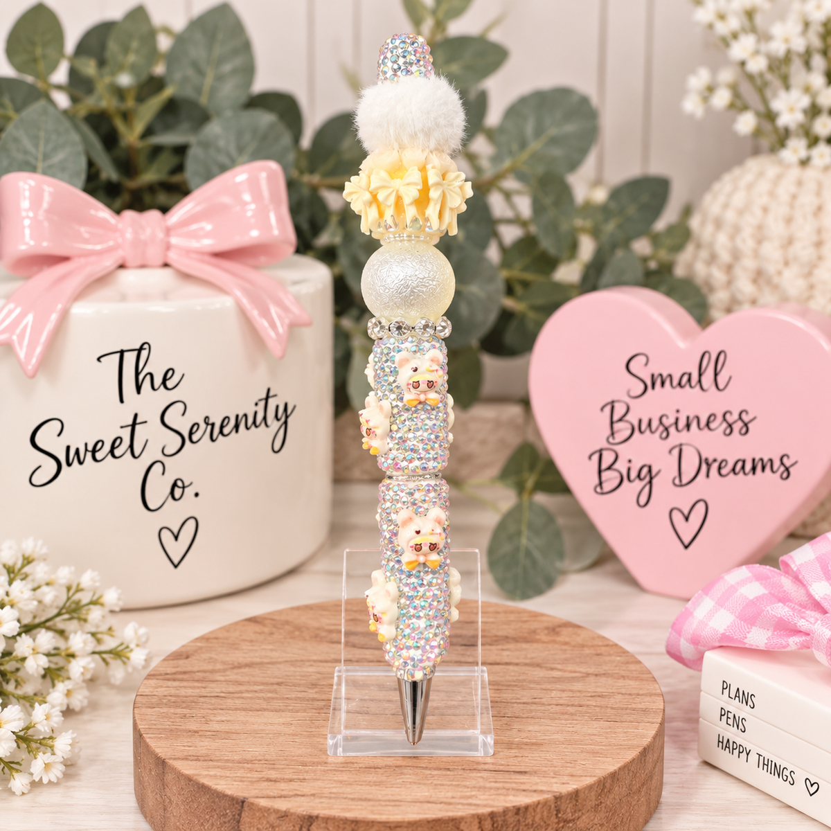 Handmade Beaded Pen with Silver Diamonds & Charming Yellow Bows