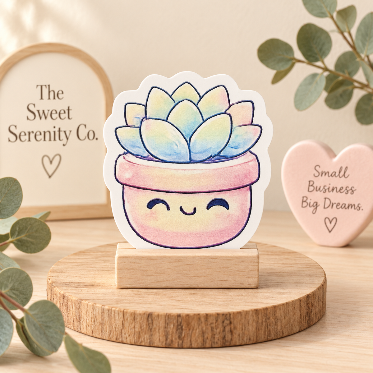 Handmade Succulent Plant Sticker, Cozy Whimsical Vinyl Decal, Planner Water Bottle Laptop Sticker