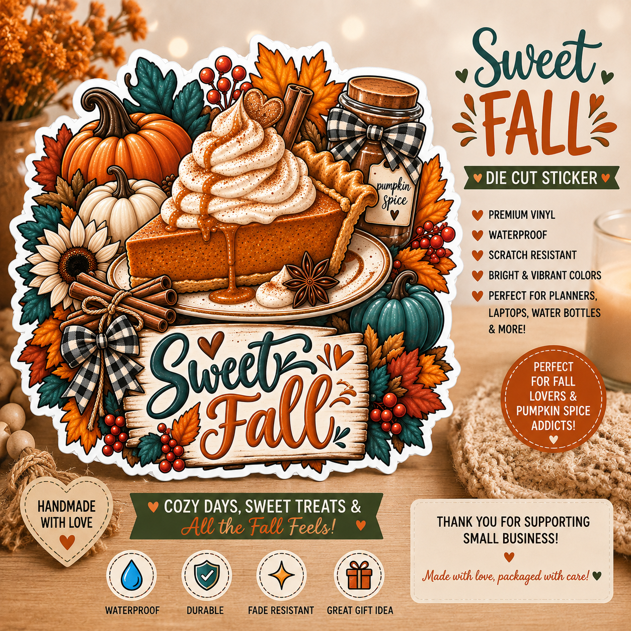 **Sweet Fall Pumpkin Spice Sticker, Autumn Die Cut Vinyl Sticker, Cute Fall Planner Sticker, Pumpkin Pie Sticker, Cozy Fall Gift
